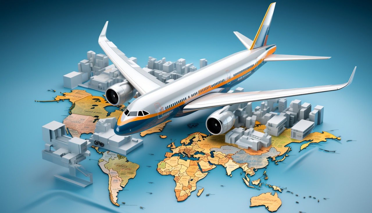 Photo 3d rendering of a world map packages an airplane, air transportation stock images, ai prompt air transportation, airplane stock images