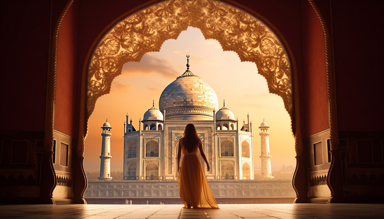 Taj mahal archway and landscape, taj mahal free images, taj mahal ai prompts, agra free images