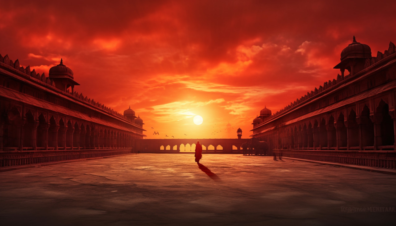 Red fort in golden glow of sunset, red fort stock image, ai generated red fort stock image, red fort stock photo