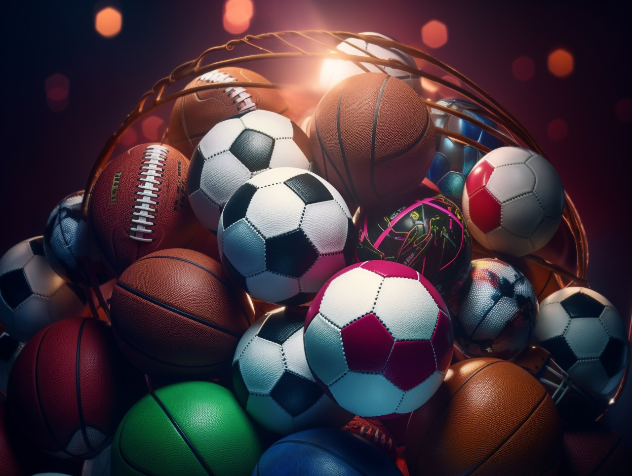 Sports balls in the spotlight, soccer ball stock image ai prompt, basketball stock image ai prompt, football stock image ai prompt