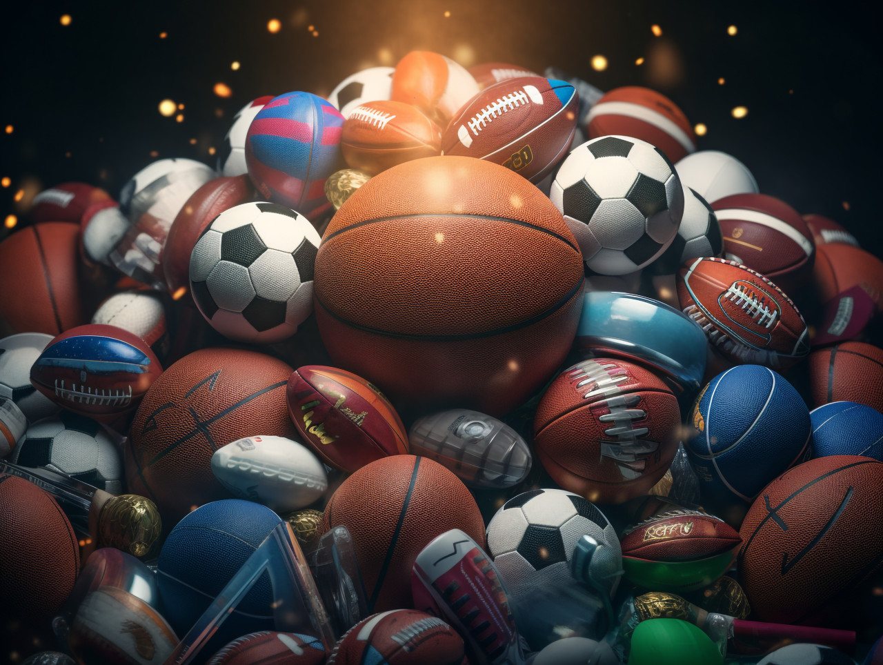 Light shines on sports equipment, soccer ball stock image ai prompt, basketball stock image ai prompt, football stock image ai prompt