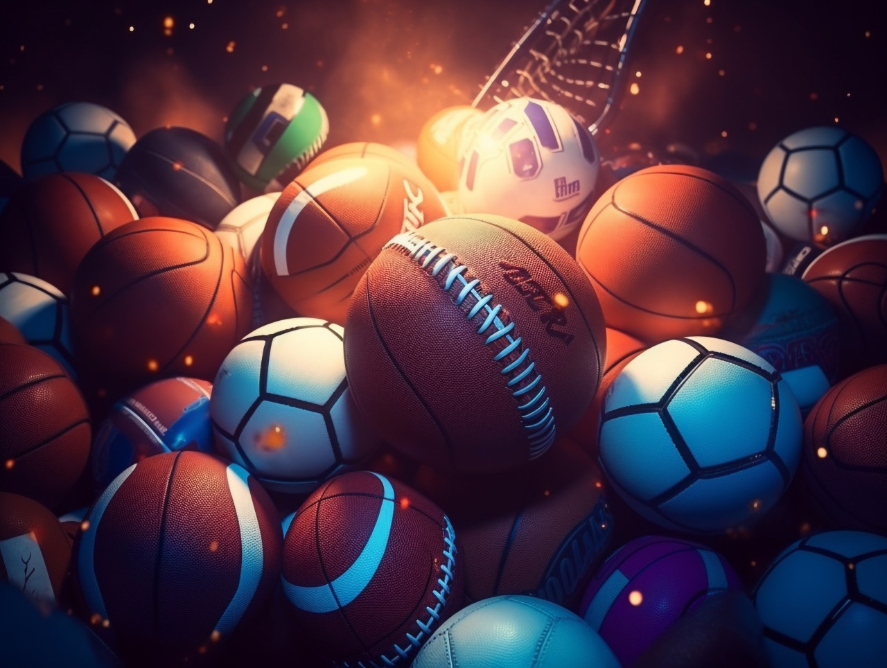 Sports balls in the glow of light, soccer ball stock image ai prompt, basketball stock image ai prompt, football stock image ai prompt