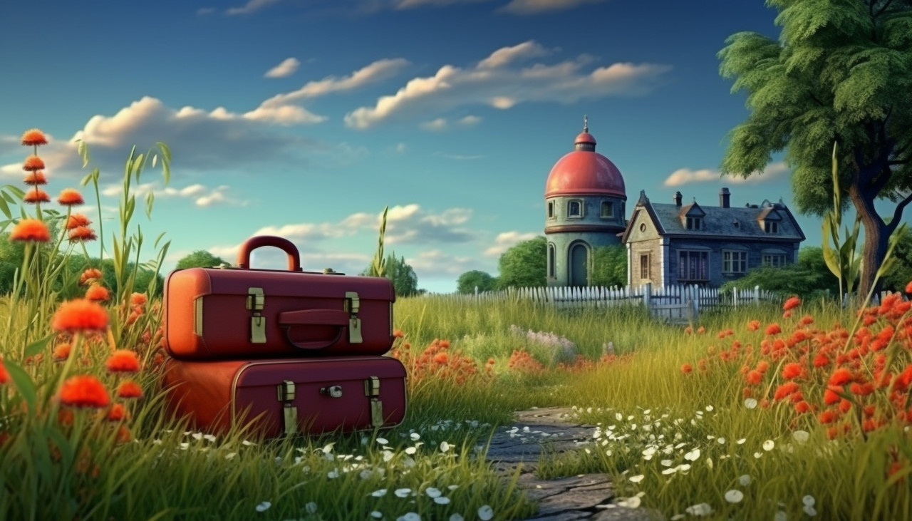 Traveler with luggage in front of landmark buildings, adventure travel stock images, adventure travel ai prompts, travel stock images ai