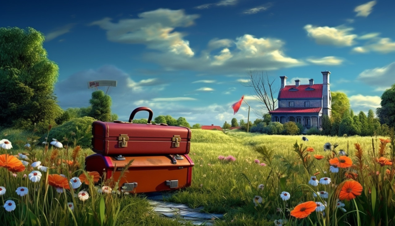 Tourist with suitcases in the park with cityscape, adventure travel stock images, adventure travel ai prompts, travel stock images ai