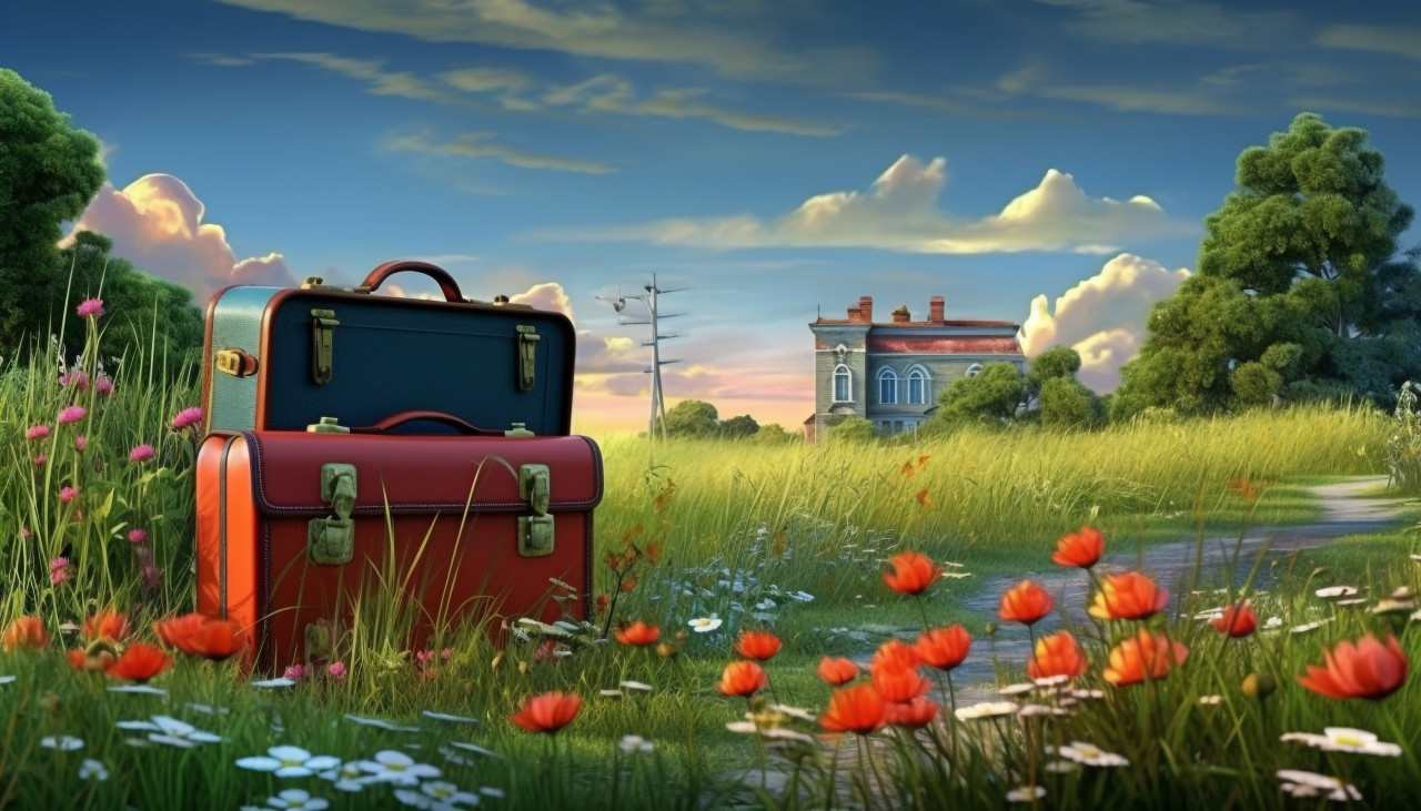 Traveler with suitcases in front of iconic landmarks, adventure travel stock images, adventure travel ai prompts, travel stock images ai