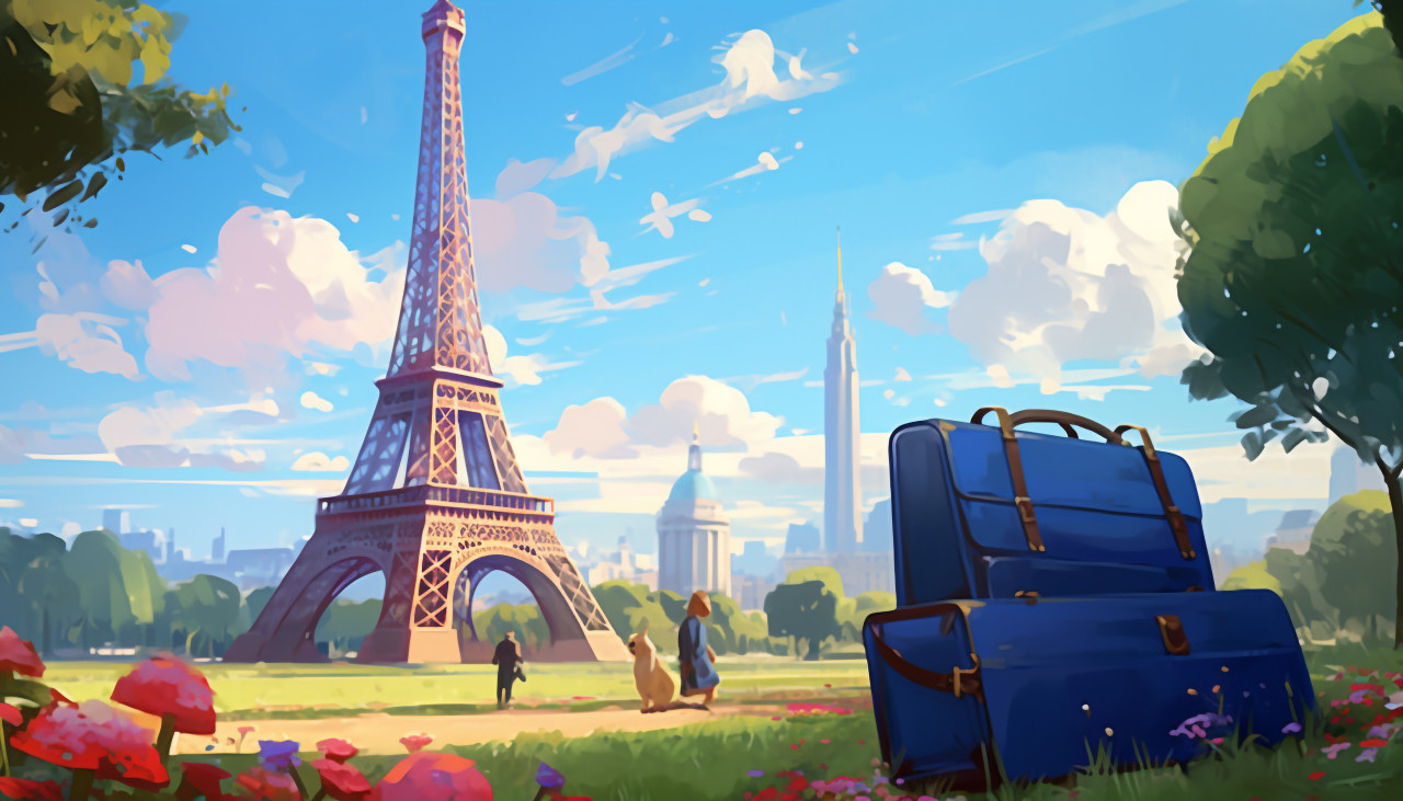 Luggage in the grass, eiffel tower in the background, adventure travel stock images, adventure travel ai prompts, travel stock images ai