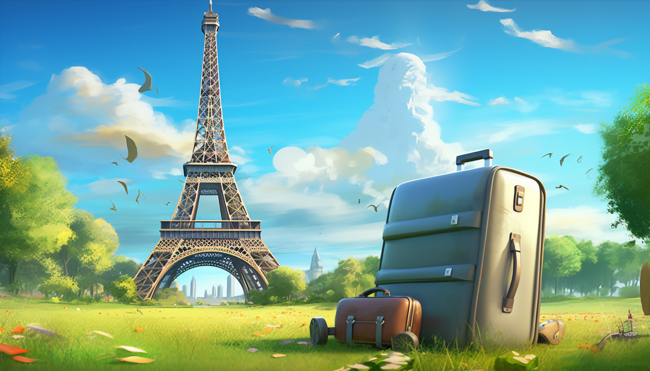 Luggage and eiffel tower, paris, adventure travel stock images, adventure travel ai prompts, travel stock images ai