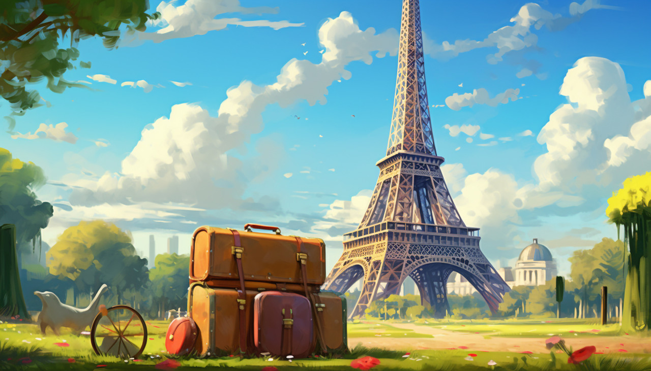Tourist luggage in the grass, paris, adventure travel stock images, adventure travel ai prompts, travel stock images ai