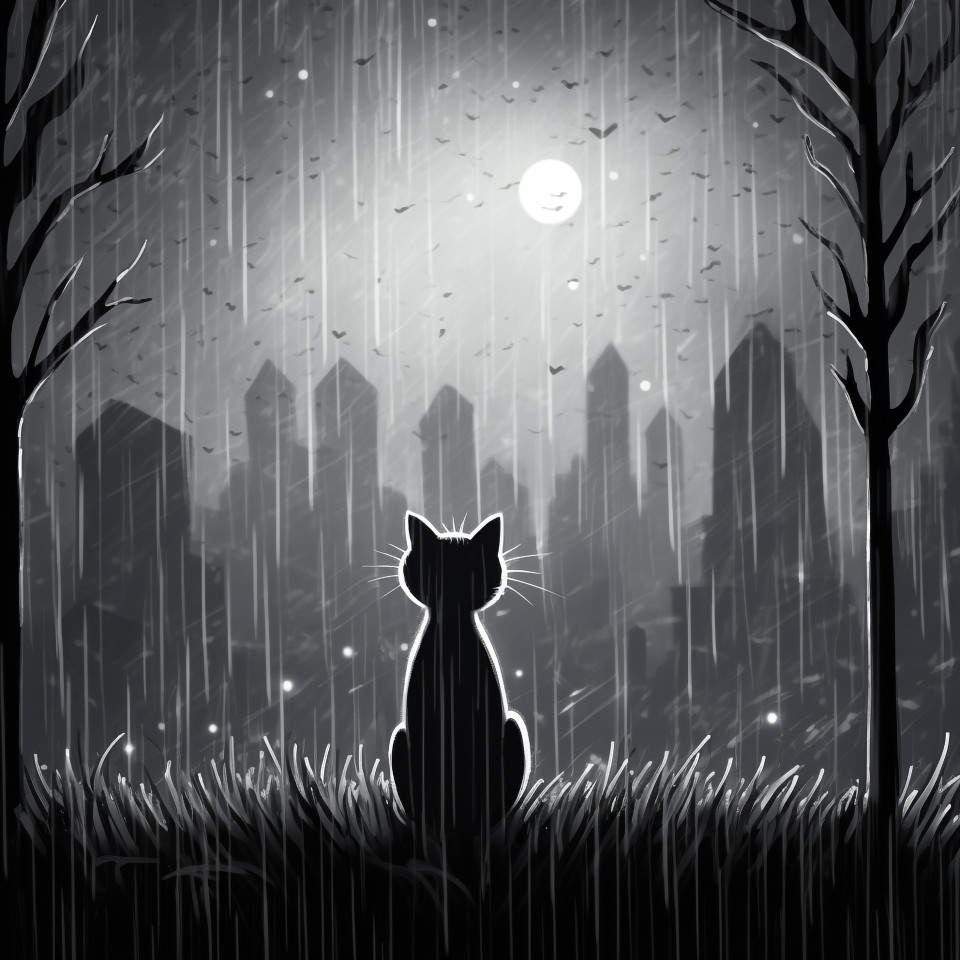 Black cat in the rain, animal t-shirt designs, animal t-shirt design stock images, animal t-shirt design ai prompts