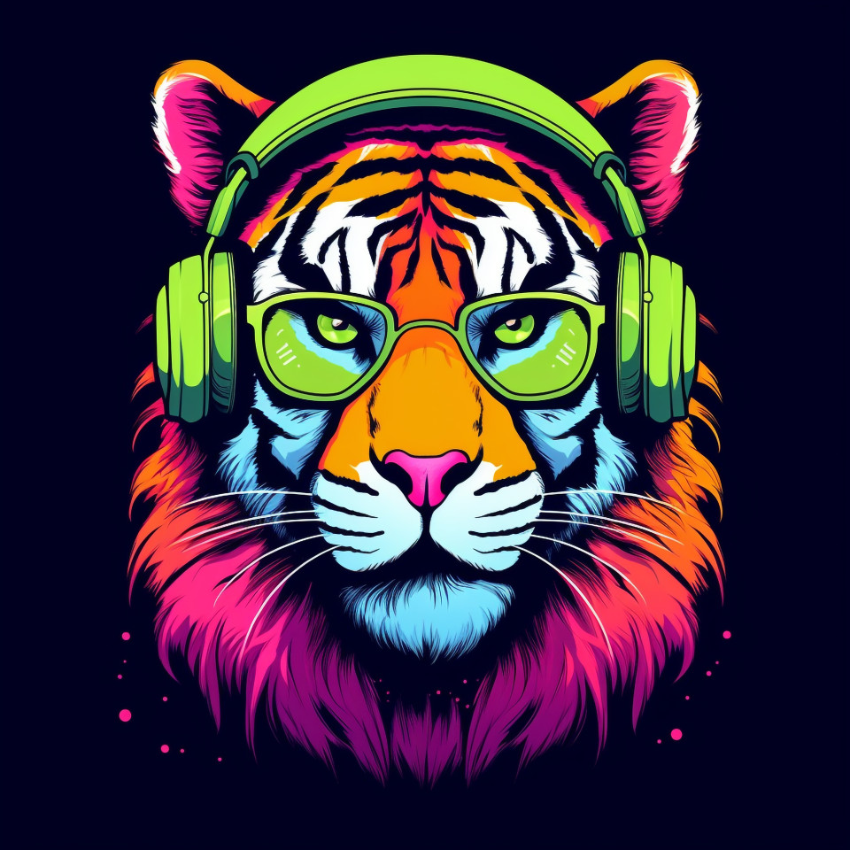 Cool tiger in headphones, animal t-shirt designs, animal t-shirt design stock images, animal t-shirt design ai prompts