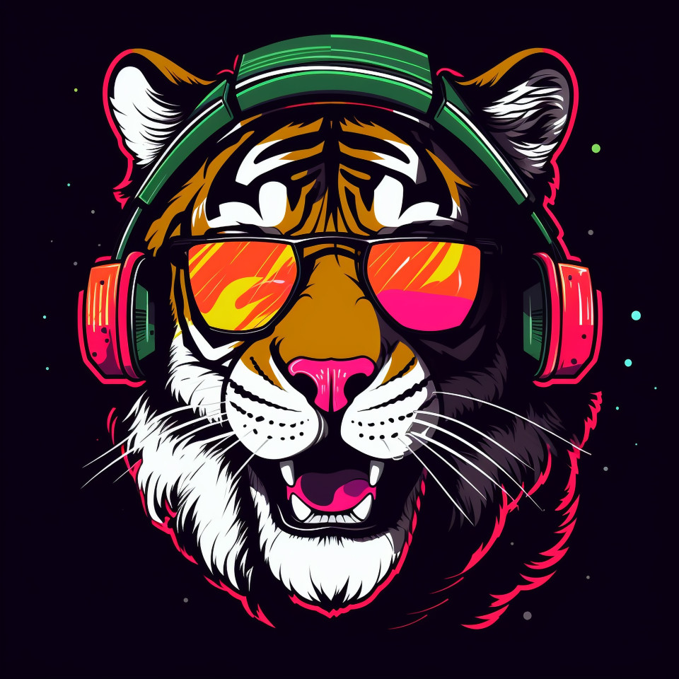 Partying tiger in neon, animal t-shirt designs, animal t-shirt design stock images, animal t-shirt design ai prompts