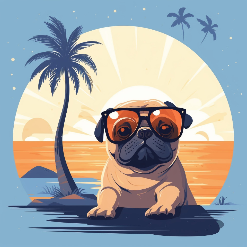 Stylish pug with sunglasses at the beach, animal t-shirt designs, animal t-shirt design stock images, animal t-shirt design ai prompts