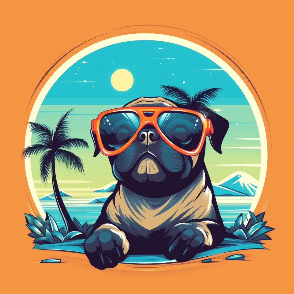 Pug in shades looking cool at the beach, animal t-shirt designs, animal t-shirt design stock images, animal t-shirt design ai prompts