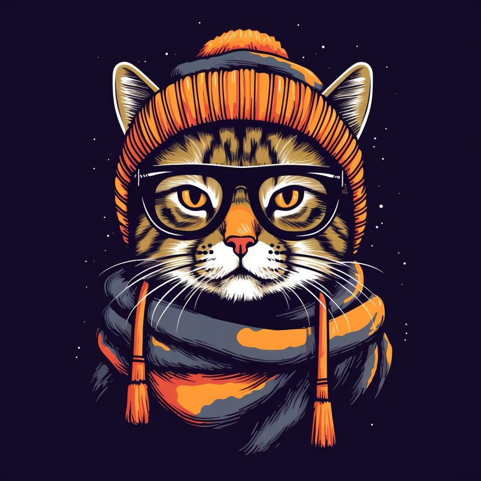 Cat in glasses scarf and hat, animal t-shirt designs, animal t-shirt design stock images, animal t-shirt design ai prompts