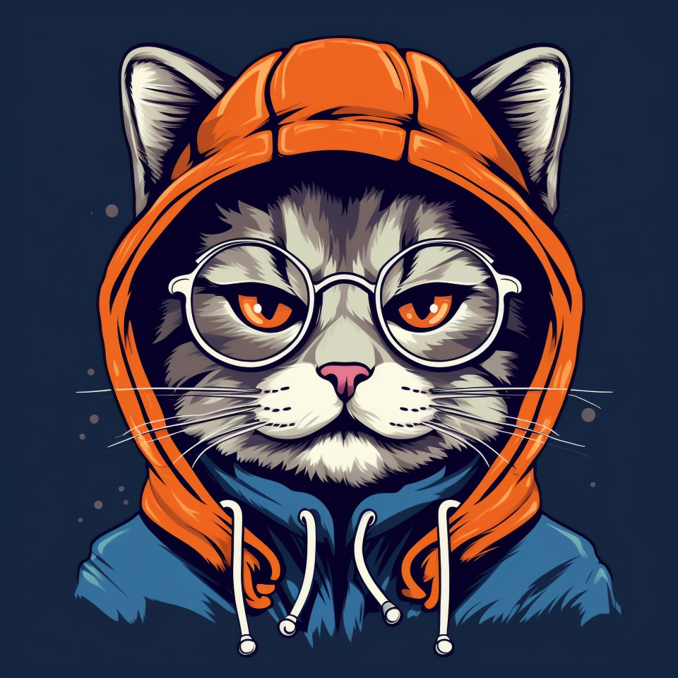 Cat in a hoodie and nerdy glasses, animal t-shirt designs, animal t-shirt design stock images, animal t-shirt design ai prompts