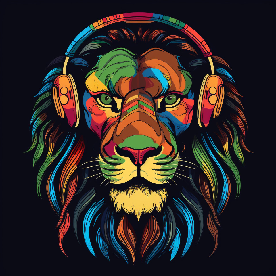 Lion in headphones on black background, animal t-shirt designs, animal t-shirt design stock images, animal t-shirt design ai prompts