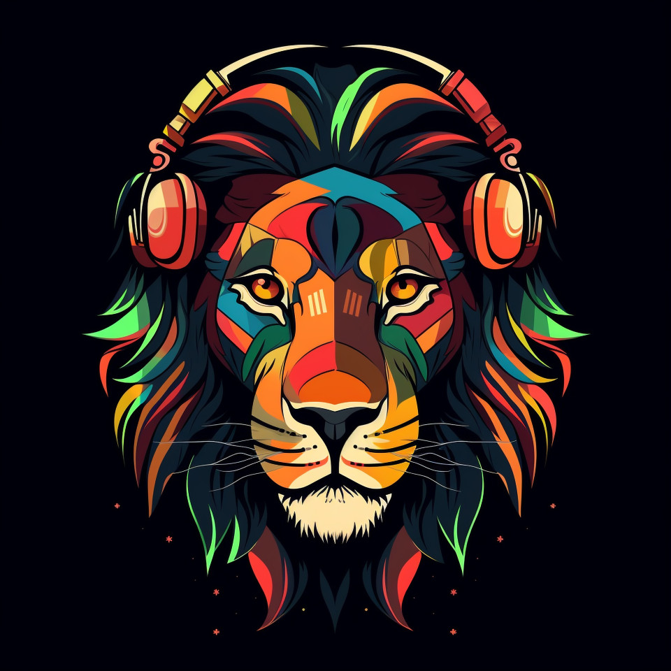Colorful lion wearing headphones, animal t-shirt designs, animal t-shirt design stock images, animal t-shirt design ai prompts