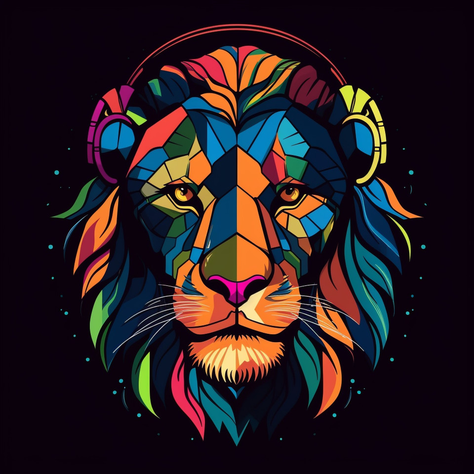 Headphones lion black background, animal t-shirt designs, animal t-shirt design stock images, animal t-shirt design ai prompts