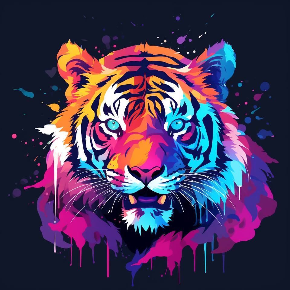 Tiger art print with splashes, animal t-shirt designs, animal t-shirt design stock images, animal t-shirt design ai prompts