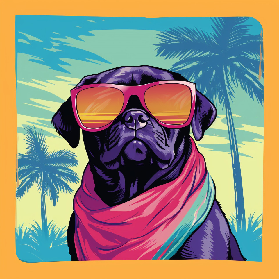 Pug in shades with palm trees, animal t-shirt designs, animal t-shirt design stock images, animal t-shirt design ai prompts