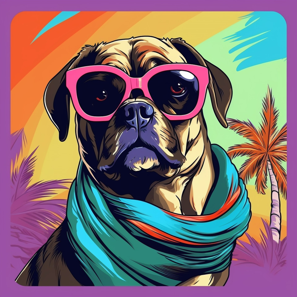 Pug with bandana and sunglasses, animal t-shirt designs, animal t-shirt design stock images, animal t-shirt design ai prompts