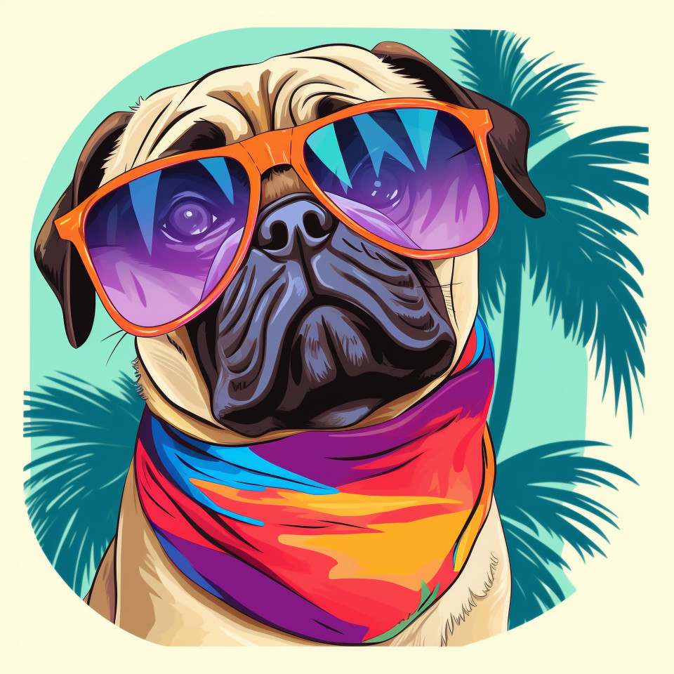 Pug in tropical gear, animal t-shirt designs, animal t-shirt design stock images, animal t-shirt design ai prompts