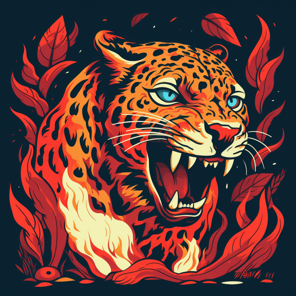 Leopard on fire, animal t-shirt designs, animal t-shirt design stock images, animal t-shirt design ai prompts