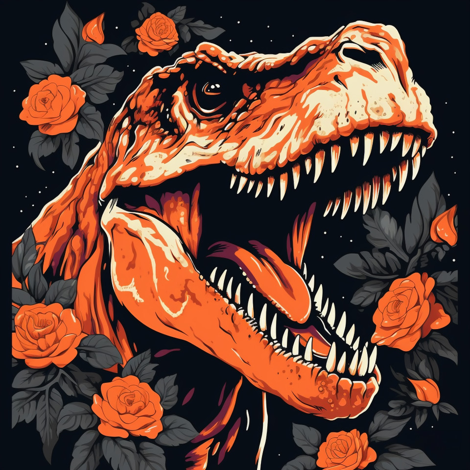 T-rex in black and orange floral, animal t-shirt designs, animal t-shirt design stock images, animal t-shirt design ai prompts