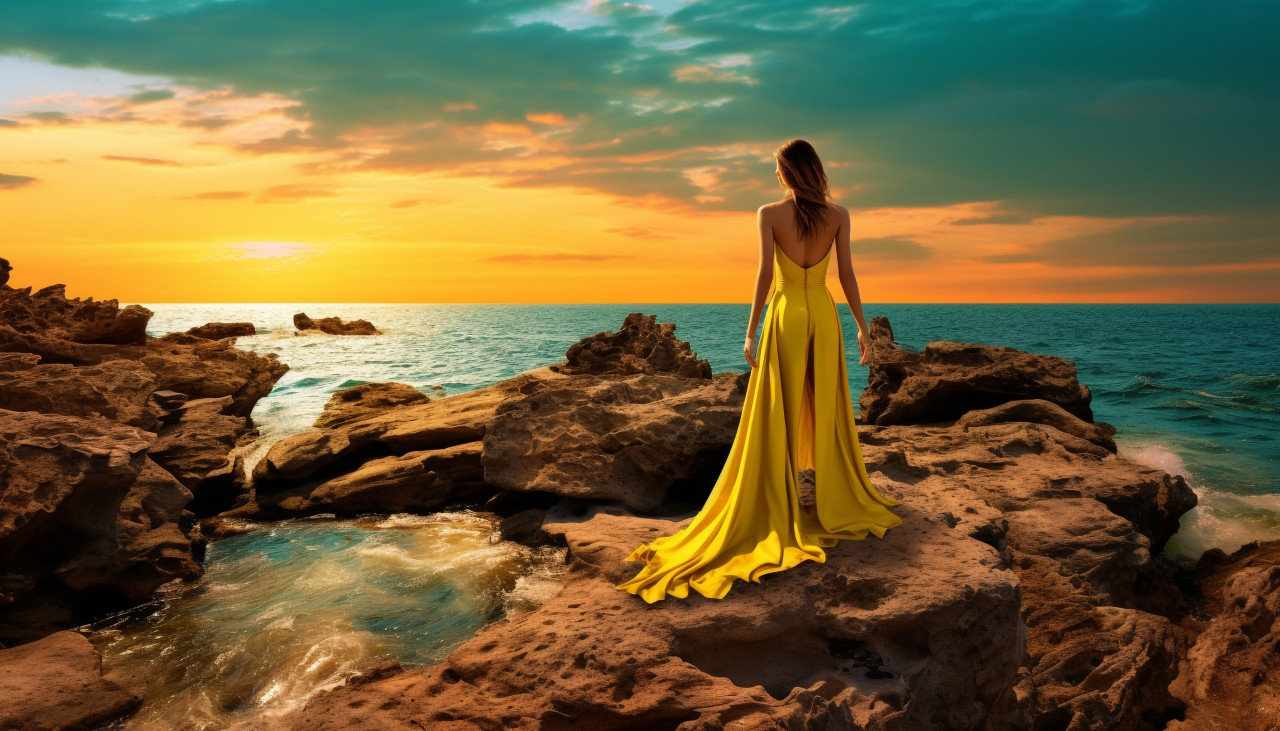 Yellow dress on rocky beach at sunset, adventure travel stock images, adventure travel ai prompts, travel stock images ai