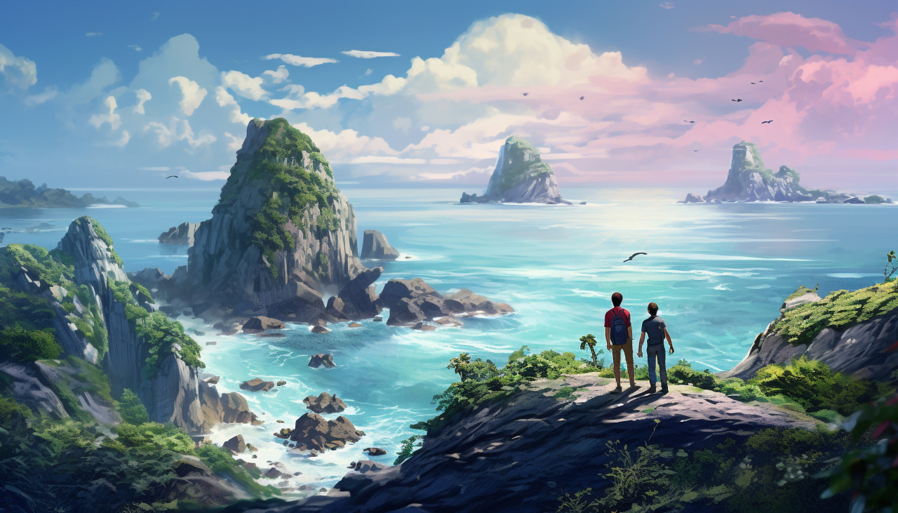 Two friends explore the coast, adventure travel stock images, adventure travel ai prompts, travel stock images ai