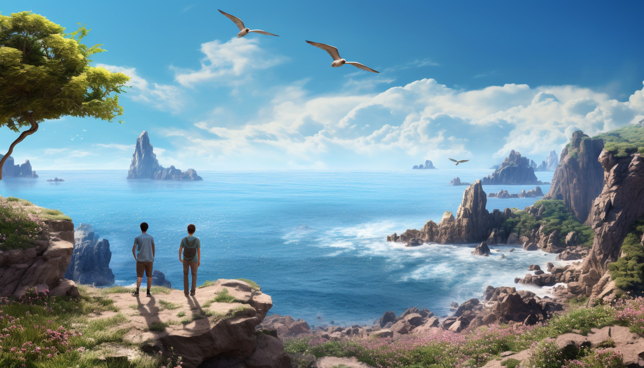 Two travelers on the rocks, adventure travel stock images, adventure travel ai prompts, travel stock images ai