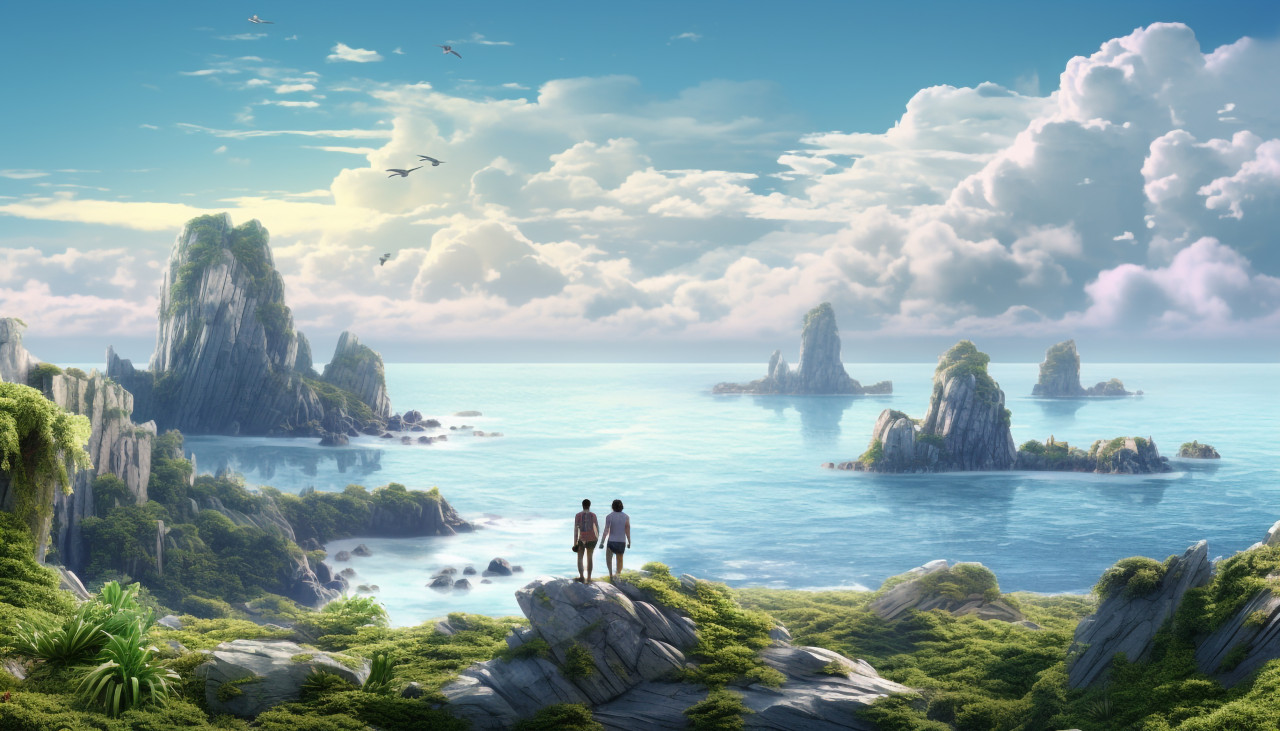 Two men on the rocks by the sea, adventure travel stock images, adventure travel ai prompts, travel stock images ai