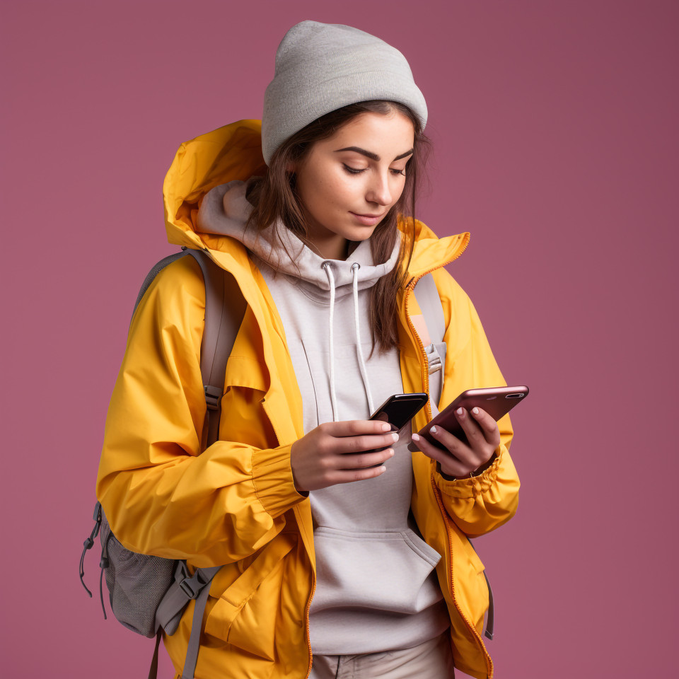 Young woman checking travel app on phone, adventure travel stock images, adventure travel ai prompts, travel stock images ai