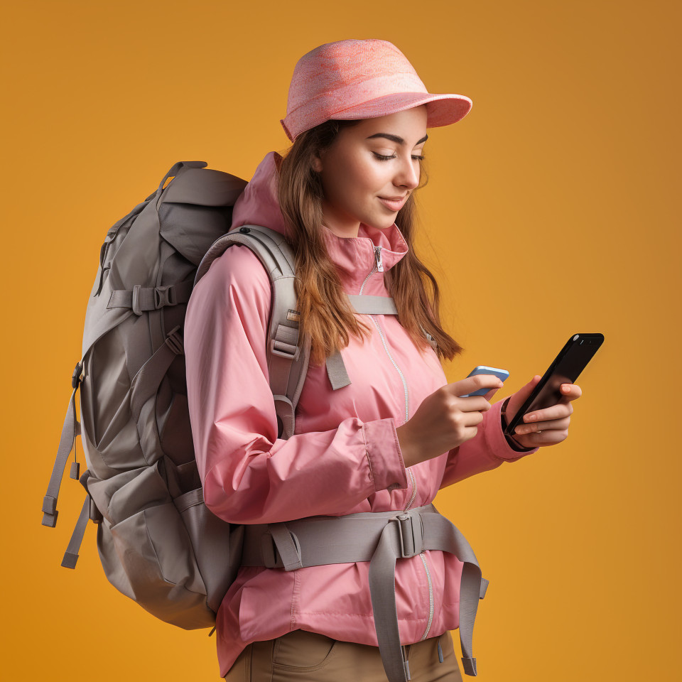 Backpacking girl checking social media, adventure travel stock images, adventure travel ai prompts, travel stock images ai