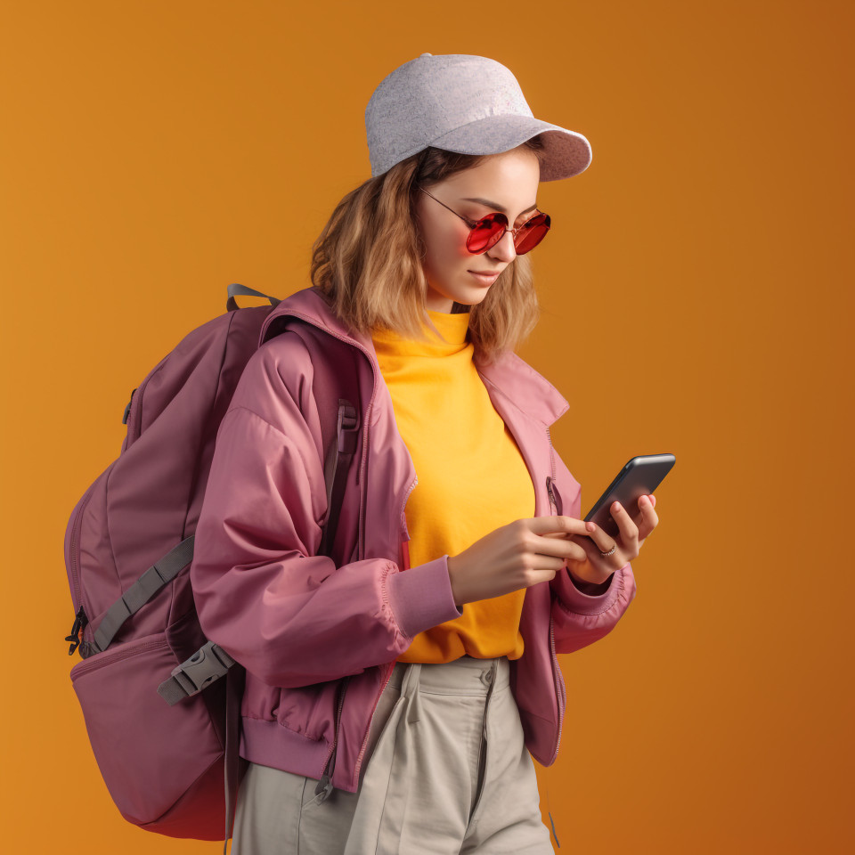 Traveler checking email on phone, adventure travel stock images, adventure travel ai prompts, travel stock images ai