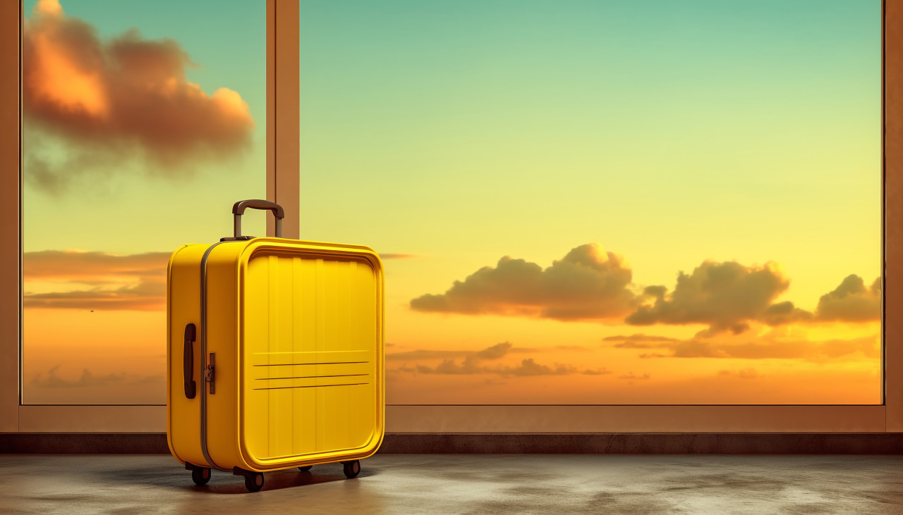 Yellow luggage with sunset view, adventure travel stock images, adventure travel ai prompts, travel stock images ai