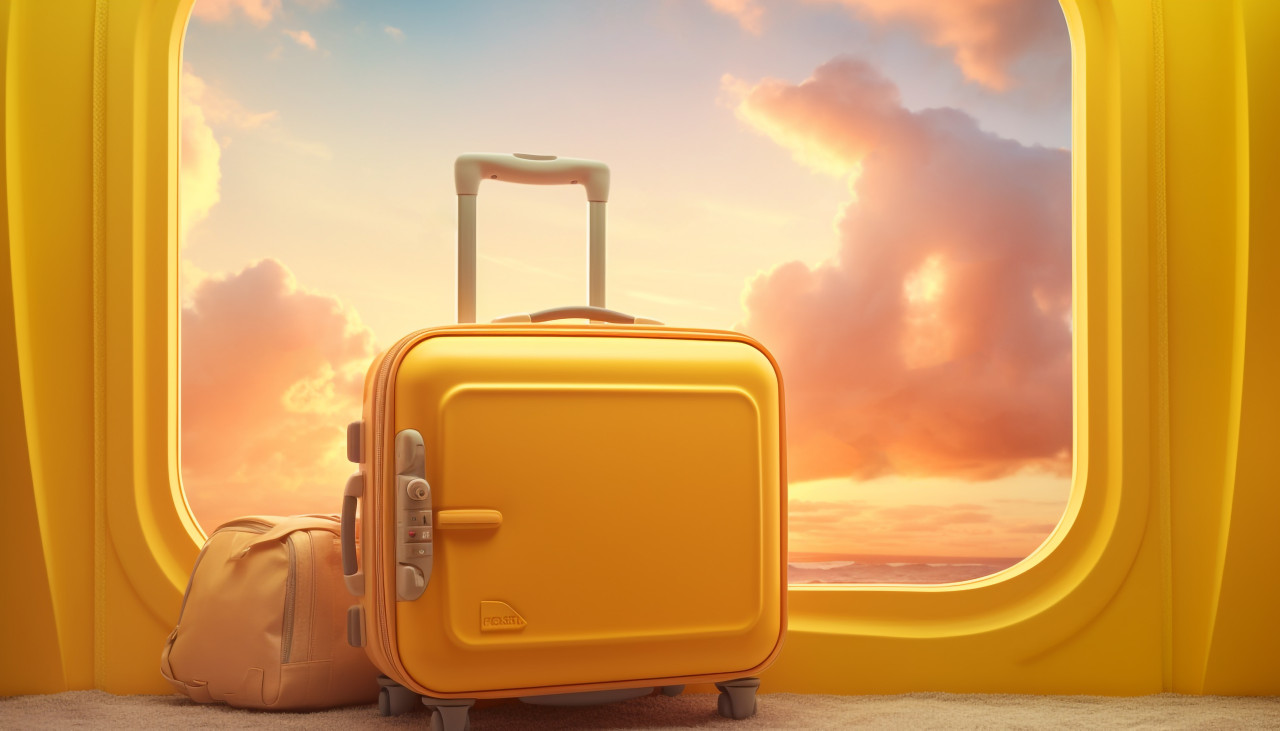 Ellow luggage on otokova island, adventure travel stock images, adventure travel ai prompts, travel stock images ai