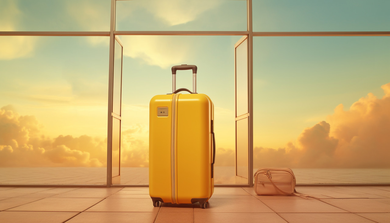 Sunset over yellow luggage, adventure travel stock images, adventure travel ai prompts, travel stock images ai