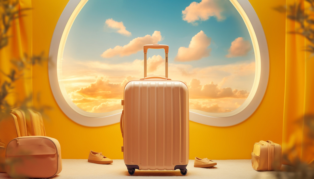 Luggage with view of sunset, adventure travel stock images, adventure travel ai prompts, travel stock images ai