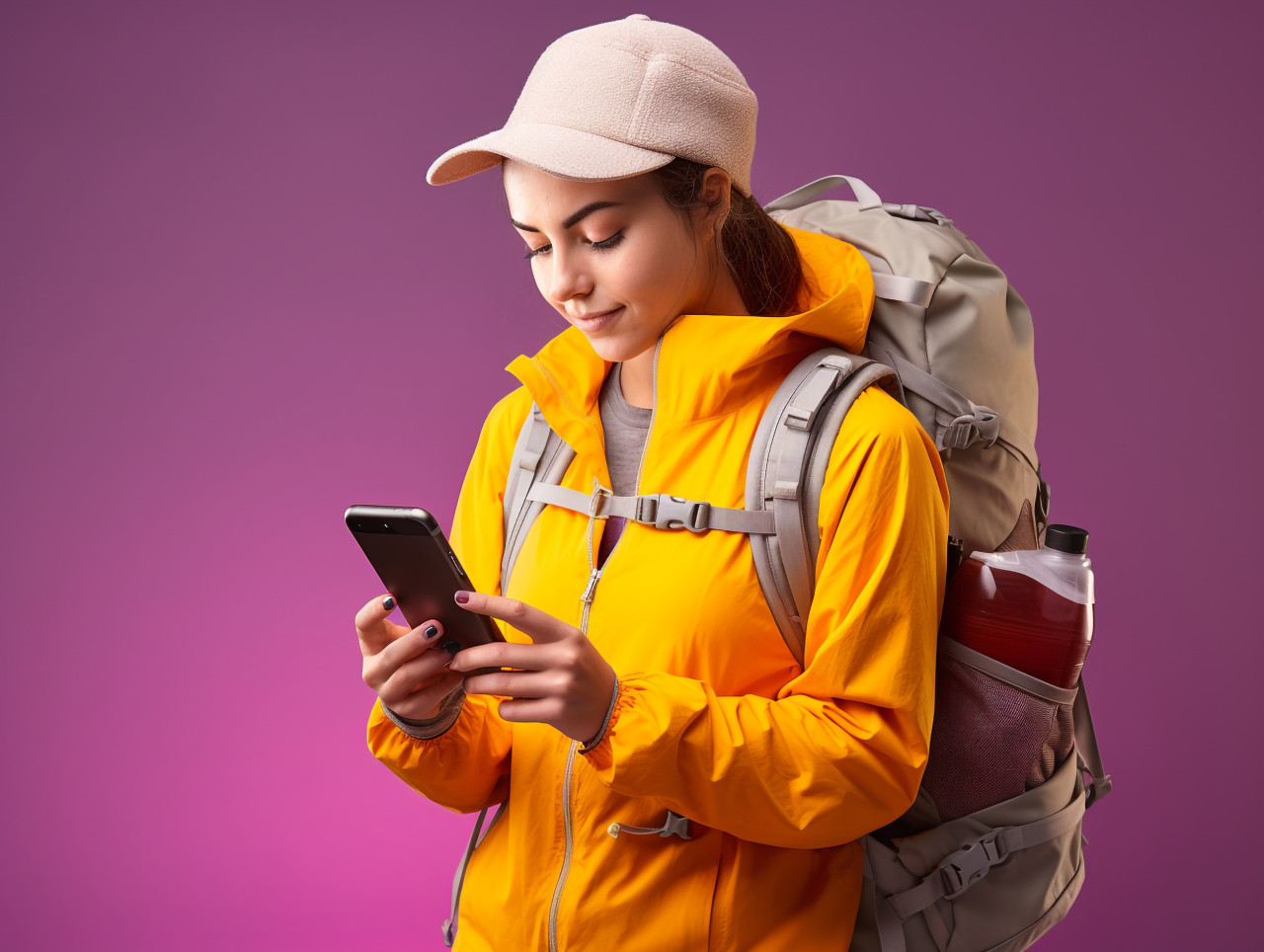 Vacationing girl checking phone, adventure travel stock images, adventure travel ai prompts, travel stock images ai