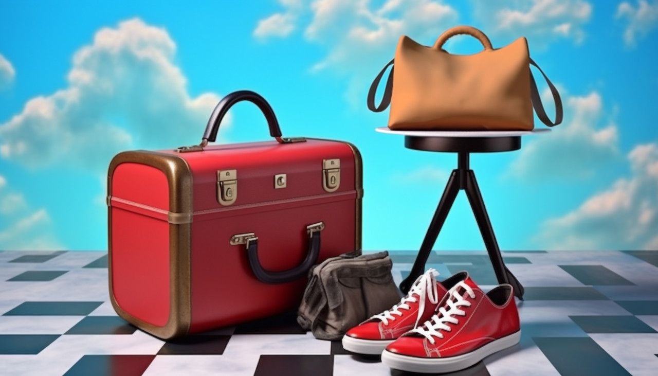 Red suitcase bag plane and shoes on blue background, adventure travel stock images, adventure travel ai prompts, travel stock images ai