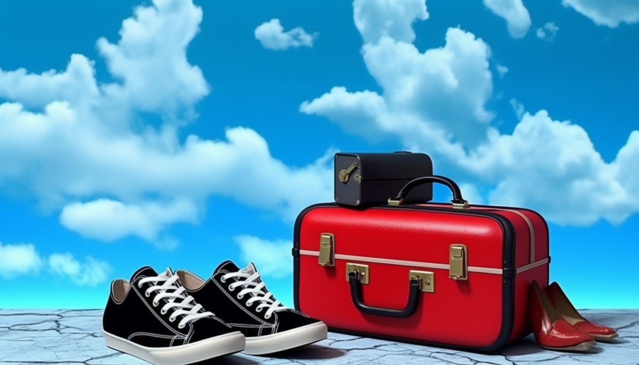 Travel essentials on blue background, adventure travel stock images, adventure travel ai prompts, travel stock images ai