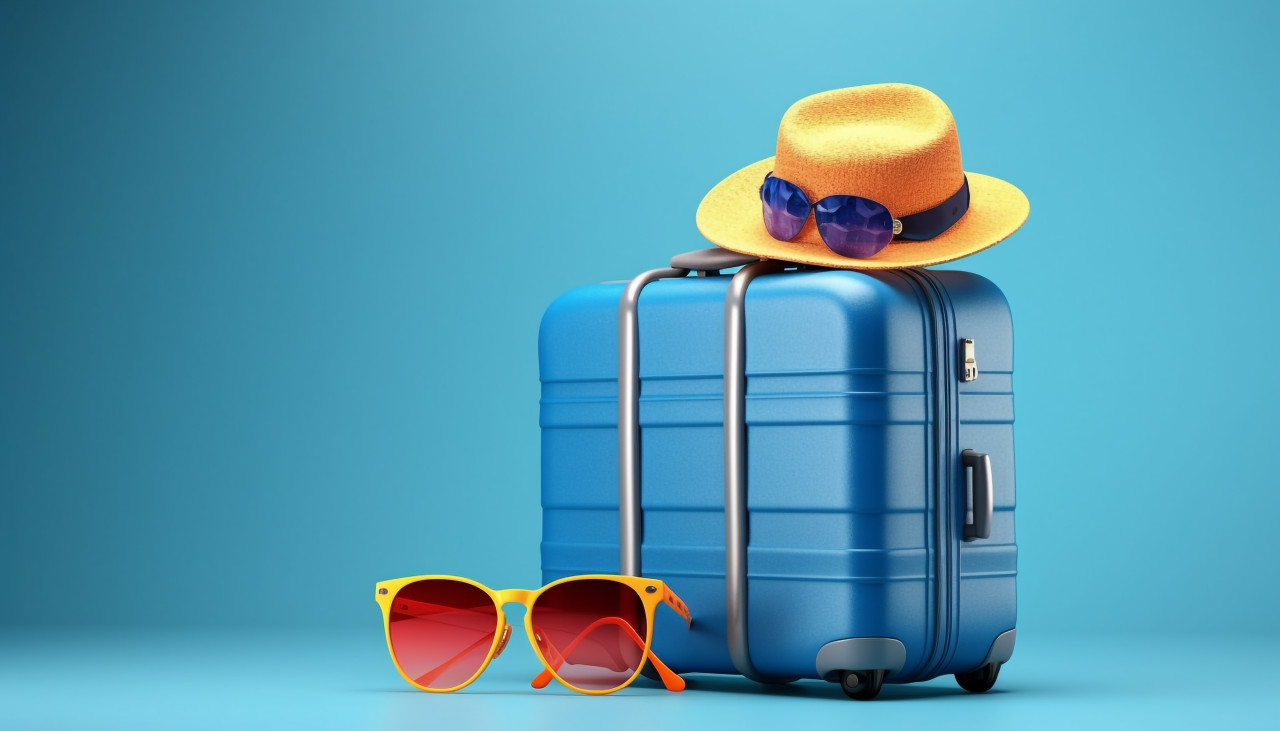 Blue suitcase with travel accessories, adventure travel stock images, adventure travel ai prompts, travel stock images ai