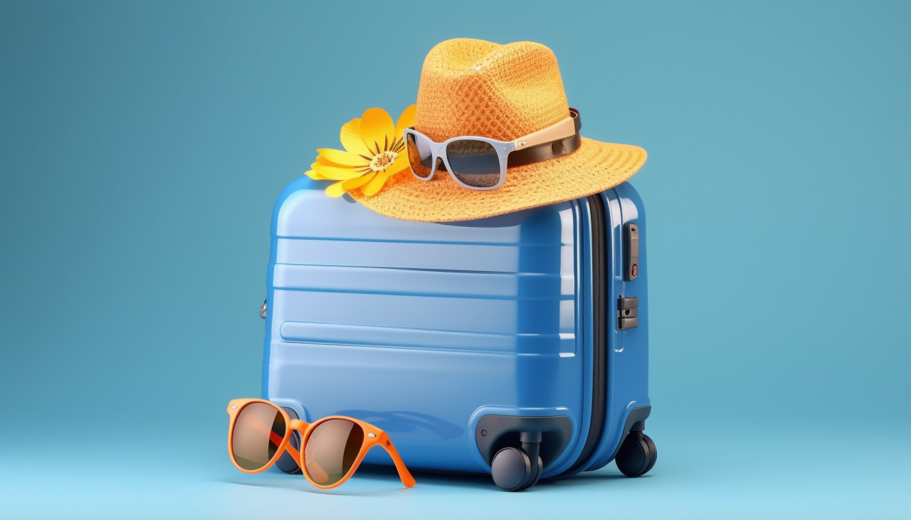 Blue luggage with sunglasses and hat, adventure travel stock images, adventure travel ai prompts, travel stock images ai