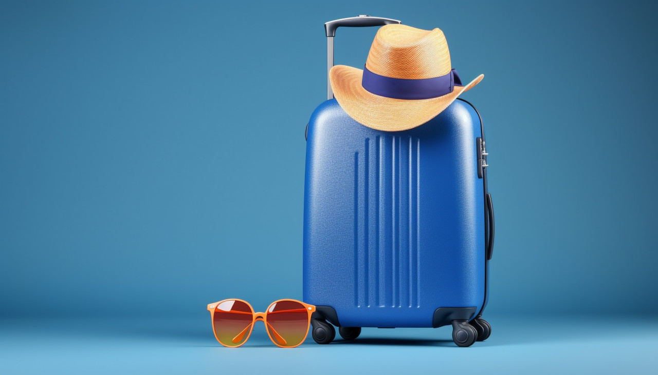 Vacation ready blue suitcase, adventure travel stock images, adventure travel ai prompts, travel stock images ai