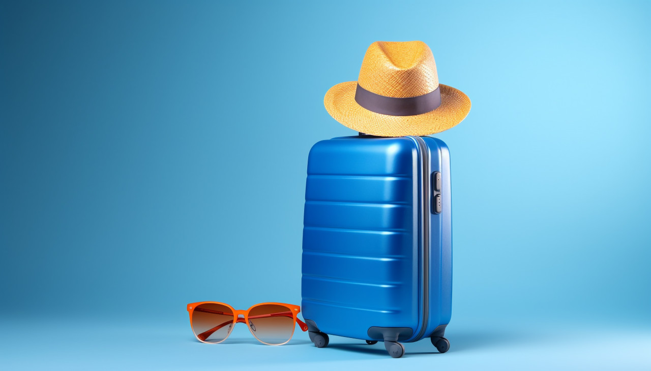Traveling in style with a blue suitcase, adventure travel stock images, adventure travel ai prompts, travel stock images ai