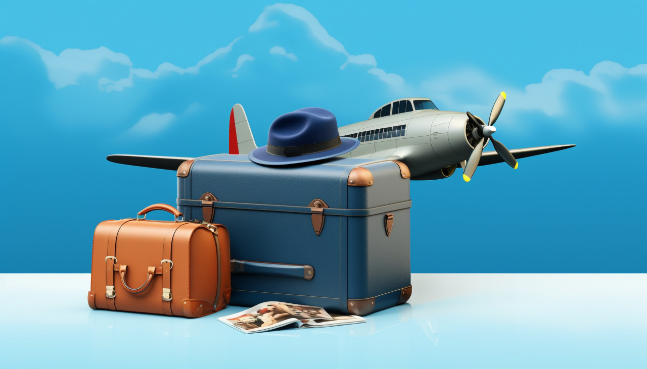 Luggage and hat against a blue sky, adventure travel stock images, adventure travel ai prompts, travel stock images ai