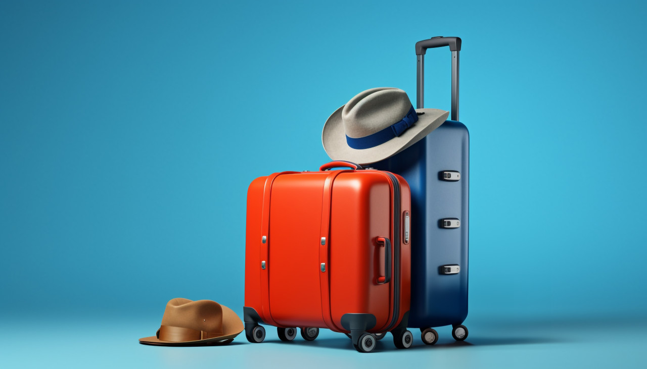 Luggage and hat at the airport terminal, adventure travel stock images, adventure travel ai prompts, travel stock images ai