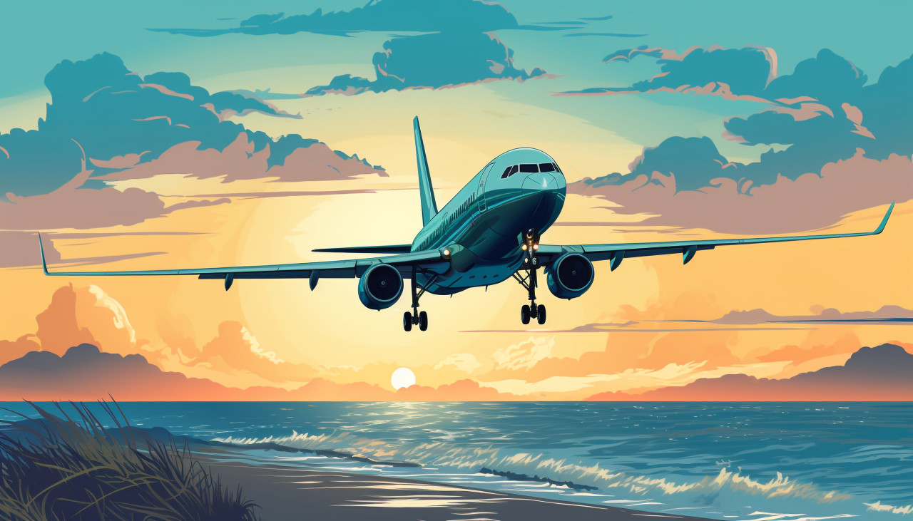 Passenger plane landing at sunset, adventure travel stock images, adventure travel ai prompts, travel stock images ai