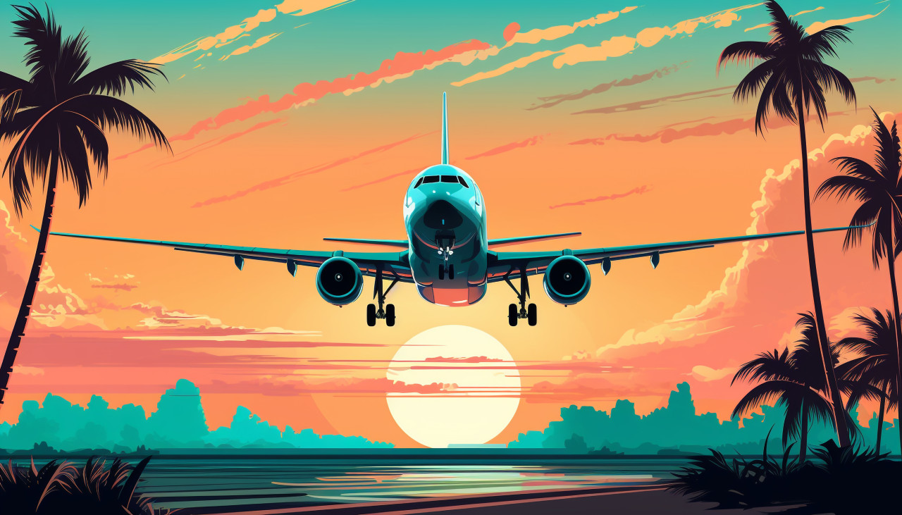 Ocean sunset with landing plane, adventure travel stock images, adventure travel ai prompts, travel stock images ai